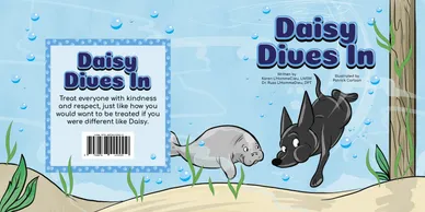 Cover of Daisy Dives In: Daisy swims underwater beside a gentle manatee among sea grass and bubbles.