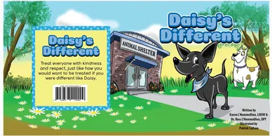 Cover of Daisy's Different: Daisy, wearing a blue bandana, stands smiling outside an animal shelter on a sunny day while a white dog peeks out behind her.